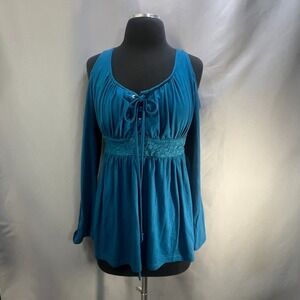 Mooncolour Cold Shoulder Lace Up Tunic Top Womens Medium Blue Cotton Everyday